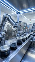 Robotic arm dispensing materials into glass containers in sterile pharmaceutical manufacturing facility with LED lighting and clean room environment.