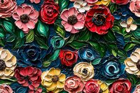 Colorful floral relief artwork featuring dimensional roses, peonies and wildflowers in red, pink, blue, and yellow with lush green foliage on dark background. Decorative wall art.