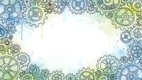 Mechanical gears and cogs frame border with white center space for text or design elements in blue and green tones for industrial concepts.