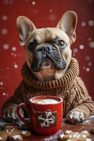 Adorable French Bulldog in brown knit sweater with red holiday mug of hot cocoa, falling snow effect on burgundy background, cozy winter atmosphere.