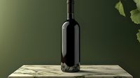 Dark wine bottle on wooden surface against blurred green background, elegant minimalist composition suitable for wine industry marketing and promotional materials.