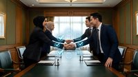 Business professionals shaking hands across conference table in elegant boardroom during successful partnership meeting or deal negotiation.