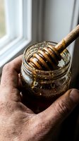 Close-up of a dark-skinned male hand holding a glass jar of raw honey with a wooden dipper, natural light from window background.