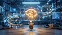 Glowing lightbulb with brain inside surrounded by digital data streams and binary code in futuristic laboratory setting representing AI innovation.