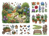 Isolated garden design elements including flowers, plants, vegetables, tools, insects, birds, and wooden furniture on transparent background. Ready for clipart, scrapbooking, and craft projects.