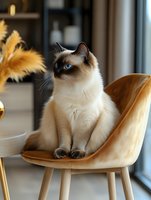 Elegant Birman cat with striking blue eyes sitting gracefully on modern velvet dining chair near window, showcasing regal posture and cream-colored fur in natural light.