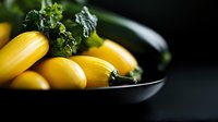 Fresh yellow summer squash and dark green zucchini in black ceramic bowl on dark background, dramatic lighting highlights vibrant colors and textures.