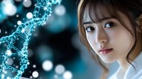 Young Asian woman with DNA strand structure in blue tones on dark background, science and genetics concept for medical and healthcare presentations.