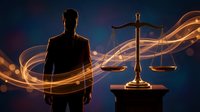 Silhouette of male lawyer with scales of justice surrounded by golden light trails against dark blue background for legal services and law firm branding.