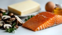 Raw salmon fillet with fresh mushrooms, butter, egg and rosemary on white surface, ingredients for cooking healthy protein-rich meal.