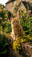 Ginger tabby cat sitting on moss-covered stone wall surrounded by blooming garden flowers including roses and purple spikes, with cottage house in soft-focus background.