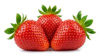 Three ripe red strawberries with green leafy crowns arranged together on white background for food and produce advertising.
