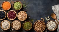 Assorted legumes and beans in wooden bowls on dark background. Healthy protein sources including lentils, chickpeas, kidney beans for cooking and nutrition.