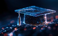 Glowing graduation cap made of connected dots and lines on dark background with bokeh effect represents digital education and academic achievement.