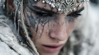 Fantasy warrior woman with ornate silver crown and tribal face paint in dramatic portrait for gaming, cosplay and medieval themed projects.