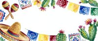 Colorful Mexican fiesta frame with sombrero, maracas, papel picado banners, and cactus plants on white background for Cinco de Mayo celebrations.