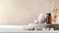 Amber essential oil bottle on stone podium with amethyst crystal and dried flowers against neutral beige background for wellness and aromatherapy.