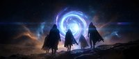 Group of silhouetted figures standing before massive glowing portal in starry night sky with swirling energy vortex and cosmic clouds for sci-fi fantasy projects.