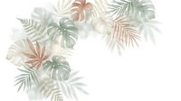 Tropical leaves frame in soft pastel colors with monstera and palm fronds on white background for wedding invitations and botanical designs.