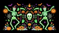 Symmetrical neon Halloween pattern featuring glowing skeletons, jack-o-lanterns, ghosts, and bats on black background. Seamless design tiles into single backdrop.