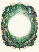 Enchanted forest oval frame with fairies, mushrooms, ferns and glowing lights in watercolor style, gold border, white center for text or design.