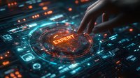 Futuristic technology interface with glowing orange and blue holographic elements showing expert system activation through human touch interaction.