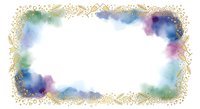 Watercolor frame with gold glitter border and colorful ink washes in blue, purple, green, and pink tones on white isolated background for design projects.