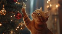 Playful ginger cat reaching for shiny Christmas ornament on decorated tree with warm bokeh lights creating cozy holiday atmosphere.