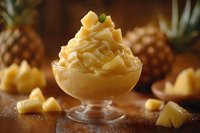 Creamy pineapple soft serve ice cream dessert in glass bowl garnished with fresh fruit pieces and mint leaf on rustic wooden table with tropical mood.