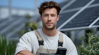 Young Caucasian male technician with curly hair in white t-shirt and beige overalls standing in front of solar panels, representing renewable energy industry.