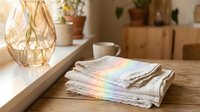 Cozy home interior with folded rainbow striped linen napkins on wooden table, golden wire lamp and potted plants creating warm domestic atmosphere.
