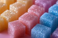 Colorful sugar coated jelly candy cubes in orange, pink and blue arranged in diagonal rows with sparkly crystalline texture and soft focus macro detail.