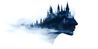 Ethereal double exposure silhouette combining feminine profile with misty forest landscape and gothic castle emerging from foggy mountain peaks in blue tones.