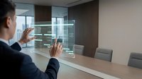 Businessman in dark suit interacting with digital stock market data on transparent glass display in modern office conference room setting for financial analysis.