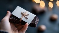 Hands holding dark chocolate bar with blank white card tied with twine string against blurred bokeh lights background for gift presentation and branding.