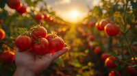 Fresh ripe tomatoes on vine held by farmer's hand against golden sunset in garden, warm evening light illuminating organic produce through green foliage.