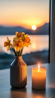 Yellow daffodils in striped vase with glowing candle against sunset backdrop over mountains and water, creating peaceful atmospheric mood for wellness and relaxation.