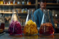Colorful botanical ingredients steeping in glass laboratory flasks at craft cocktail bar, with purple, yellow and amber natural infusions against dark background.