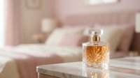 Luxury fragrance bottle with golden liquid displayed on marble surface, bedroom setting in soft focus background, elegant home decor and perfume product photography.