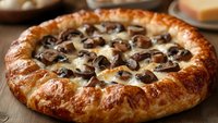 Golden puff pastry tart filled with caramelized onions and black olives, rustic homemade galette with flaky crust perfect for Mediterranean cuisine and gourmet cooking.