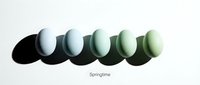 Five pastel Easter eggs in gradient shades of blue and green arranged in a row on white background with dramatic shadows. Springtime concept.