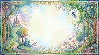 Enchanted fairy tale forest frame with magical castle, butterflies and ornate golden border for fantasy storytelling and children's book illustrations.