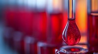 Red liquid droplet falling from glass laboratory pipette in scientific research setting with blurred background of test tubes and warm lighting.