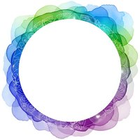 Colorful watercolor circular frame with decorative floral patterns in blue green purple gradient tones isolated on white background for design projects.