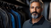 Confident mature Caucasian man with gray beard and styled hair smiling in clothing store. Professional male model against blurred wardrobe background shows success and style.