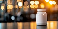 White supplement bottle with blank label on reflective surface against warm golden bokeh lights background for product mockup and branding design.