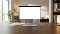 Modern computer monitor with blank white screen on wooden desk in contemporary home office workspace for mockup presentations.