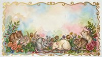 Four adorable kittens playing among colorful flowers and foliage in ornate golden frame with pastel watercolor background for greeting cards.