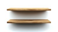 Empty wooden shelves mounted on white wall casting soft shadow, minimalist storage solution for home and retail display. Isolated on white background.