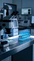 Modern laboratory microscope with test tubes on steel table in medical research facility for scientific analysis and pharmaceutical development.